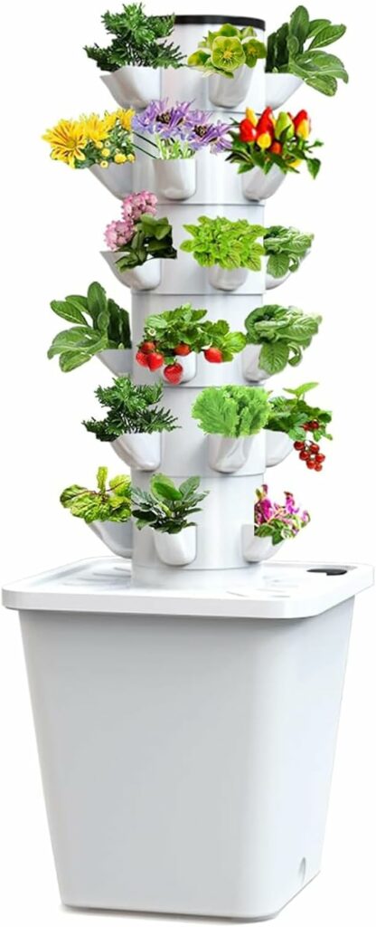 Garden Tower Hydroponics Growing System 30-Plant Sites Vertical Garden Planter Outdoor Indoor Plant Growing kit with Pump, Adapter, Net Pots for Fruits, Vegetables and Herbs (White)