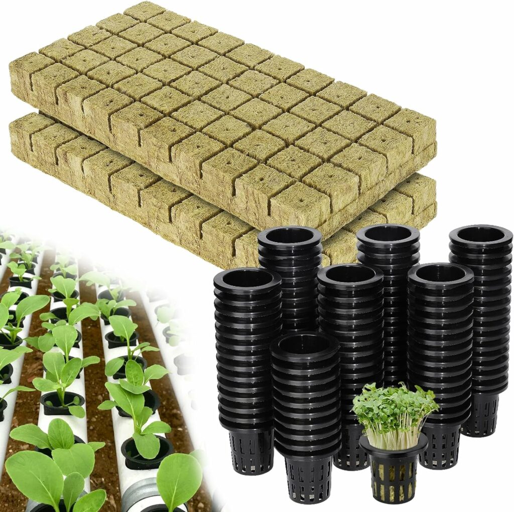 MADHOLLY 100Set Rockwool Cubes for Hydroponics with Net Pots - 1in Rock Wool Planting Cubes, 100 Plugs  100 Plant Net Cups, Rock Wool Grow Cubes for Rooting Clone Plants Vertical Garden Tower