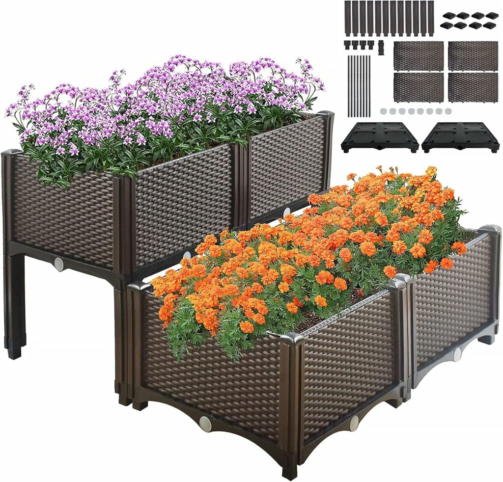 Raised Garden Bed Kit of 4 Pcs Elevated Planter Boxes for Outdoor Flower Balcony Vegetable Grow Legs Planting Container Brown with Self-Watering Disks