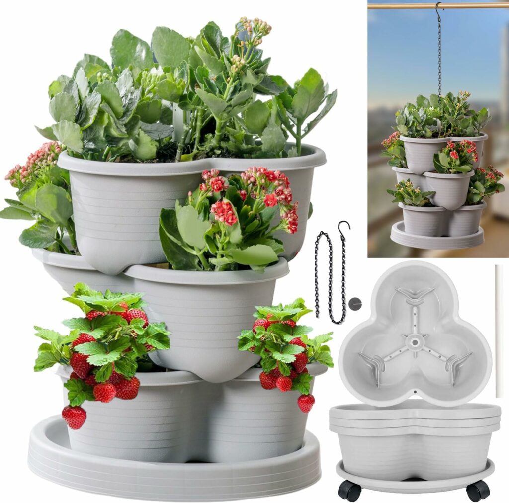 Vertical Strawberry Planter 3 Tier Hanging Vertical Gardening Stackable Planter, Hanging Strawberry Planter Pot for Strawberries, Flowers, Herbs, Vegetables with Removable Wheels and Hooks