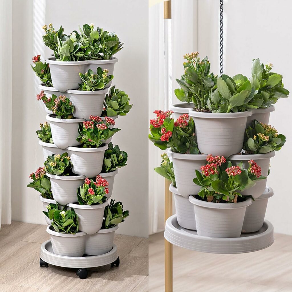 Vertical Strawberry Planter 3 Tier Hanging Vertical Gardening Stackable Planter, Hanging Strawberry Planter Pot for Strawberries, Flowers, Herbs, Vegetables with Removable Wheels and Hooks