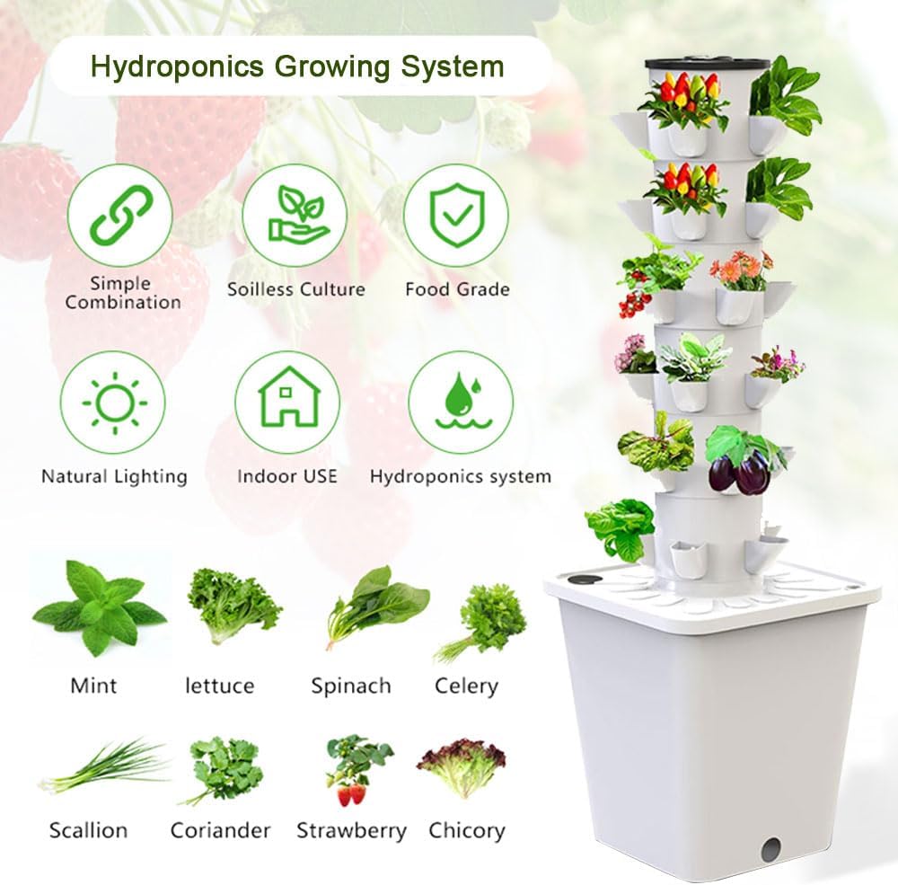 Tower Garden Hydroponics Growing System 10-30-Plant Sites Vertical Garden Planter Indoor Smart Garden Kit with Pump and Movable Water Tank (No Seedlings Included) (Gris, 10 Holes)